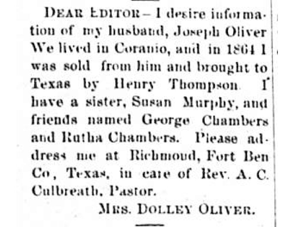 Mrs. Dolley Oliver searching for her husband, Joseph Oliver