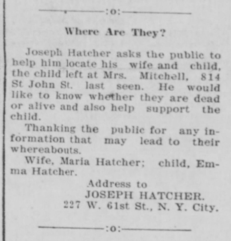 Joseph Hatcher searching for his wife, Maria Hatcher, and daughter, Emma Hatcher, and the reply (two ads)