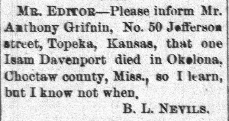 B.L. Nevils informing Mr. Anthony Grifnin that his brother Isam Davenport died