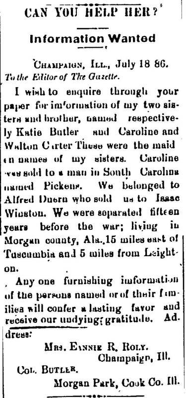 Mrs. Eannie R. Roly seeking her siblings Katie Butler, Caroline Carter, and Walton Carter