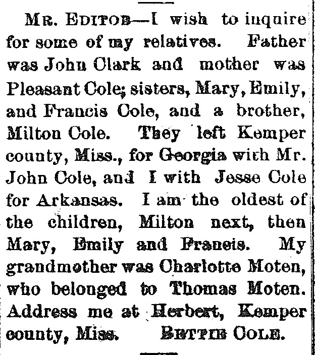 Bettie Cole searching for her family including her parents John Clark and Pleasant Cole