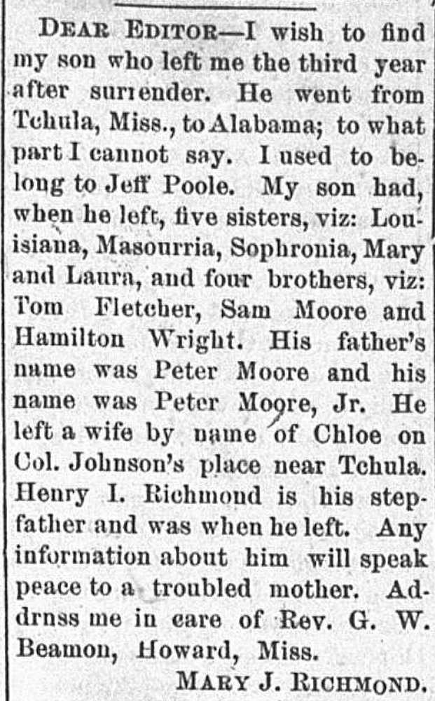 Mary J. Richmond searching for her son Peter Moore Jr