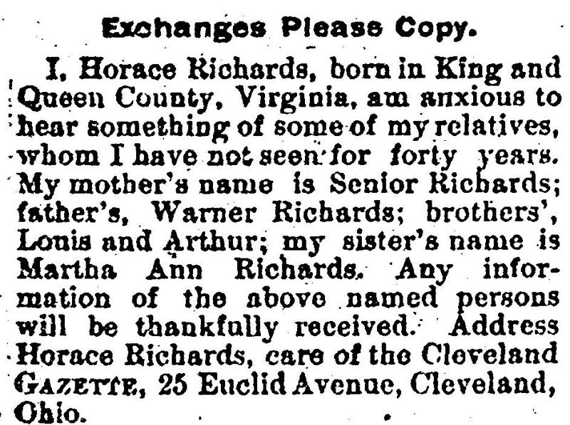 Horace Richards seeking his mother Senior Richards, father Warner Richards, brothers Louis and Arthur, and sister Martha Ann Richards