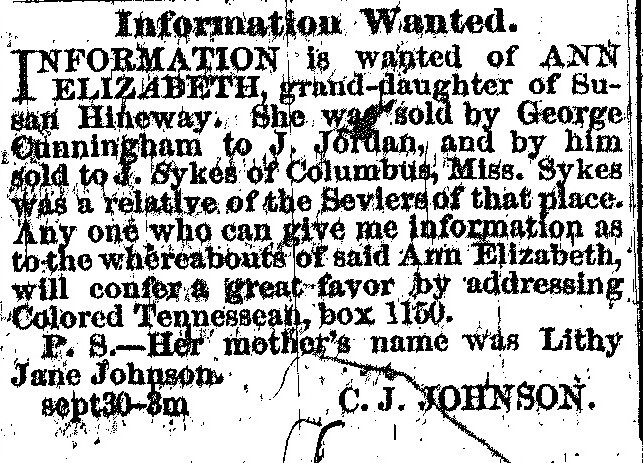 C. J. Johnson seeking information Susan Hineway&#039;s granddaughter Ann Elizabeth Sykes (1st of 2 ads)