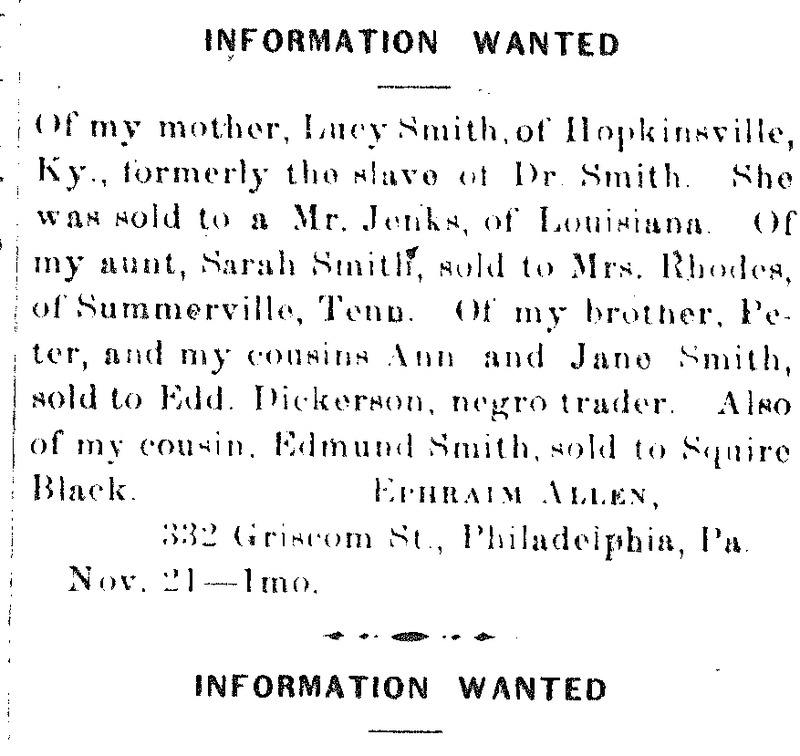 Ephraim Allen searching for his mother Lucy Smith, brother Peter, aunt Sarah Smith and several cousins