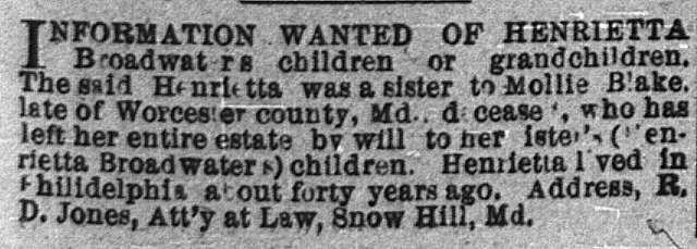 R. D. Jones searching for Henrietta Broadwater&#039;s children and/or grandchildren