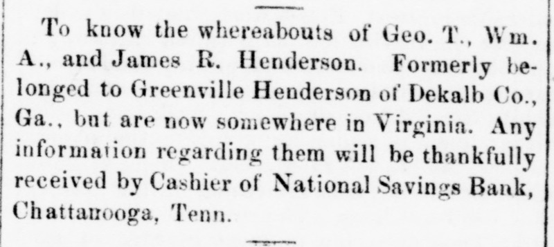 Unnamed, searching for Geo. T. Henderson, Wm. A. Henderson, and James R. Henderson