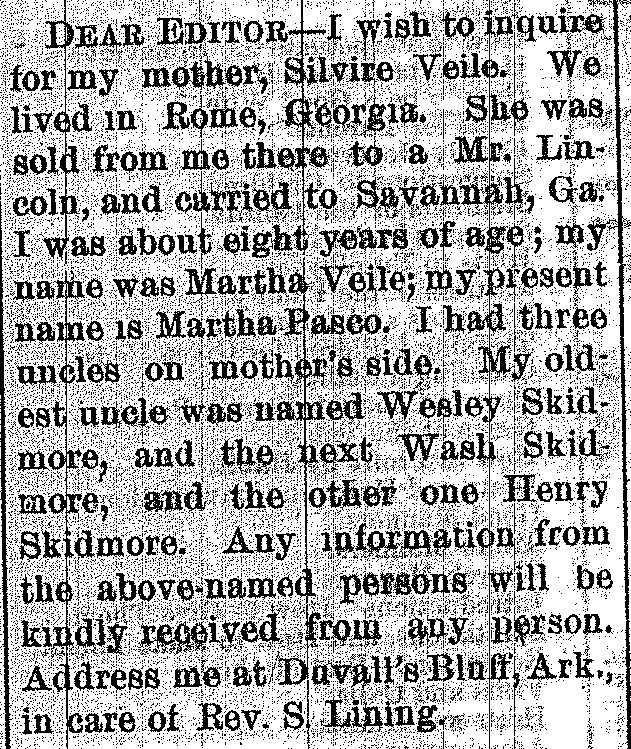 Martha Pasco (formerly Martha Veile) seeking information about her mother Silvire Veile