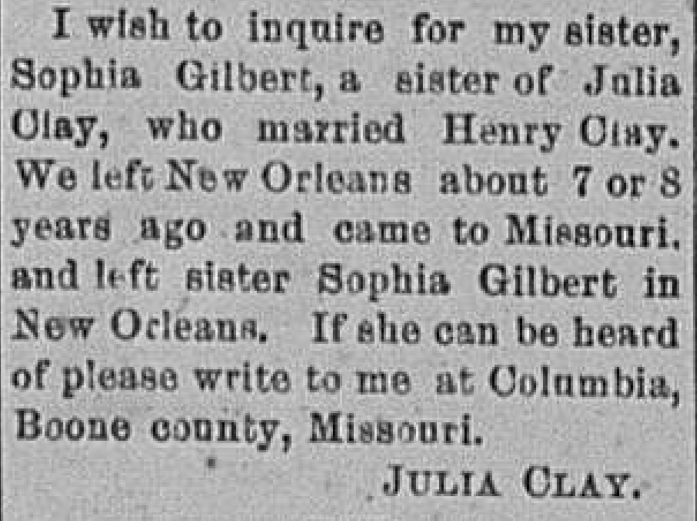 Julia Clay seeking her sister Sophia Gilbert