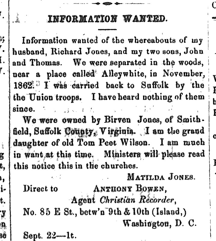 Matilda Jones seeks the whereabouts of husband Richard Jones and sons John and Thomas