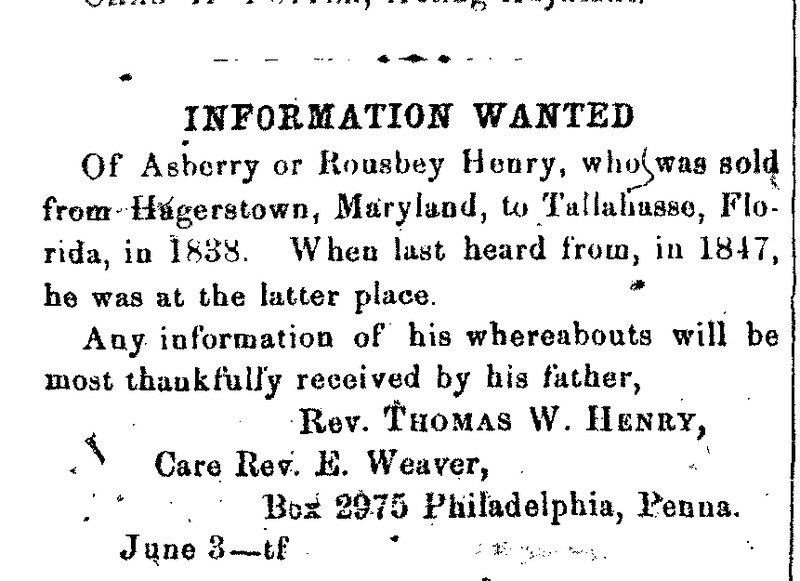 Rev. Thomas Henry looking for his son Asberry (or Rousbey) Henry