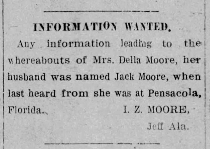 I.Z. Moore searching for Mrs. Della Moore 