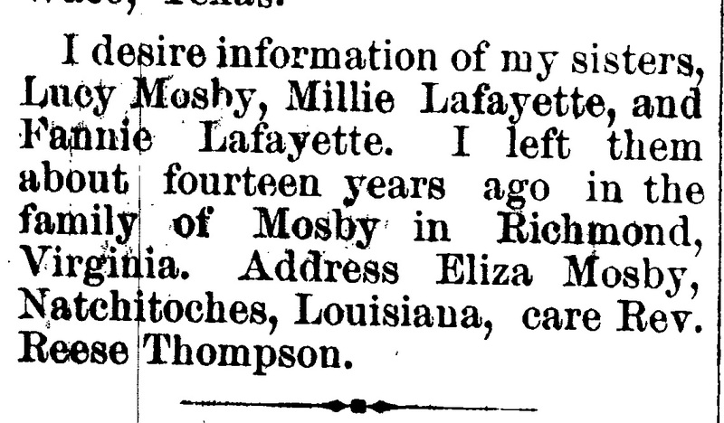 Eliza Mosby seeking information about her sisters Lucy Mosby, Millie Lafayette, and Fannie Lafayette