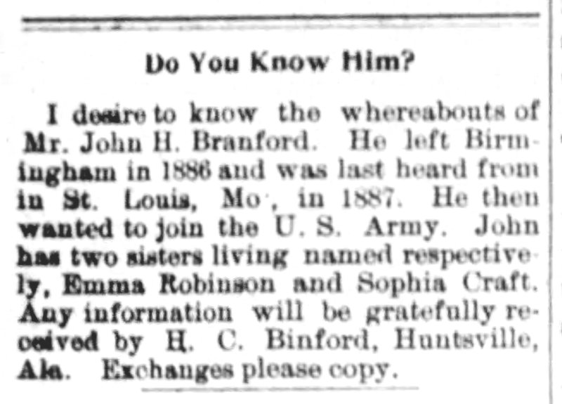 H. C. Binford is searching for Mr. John H. Branford 