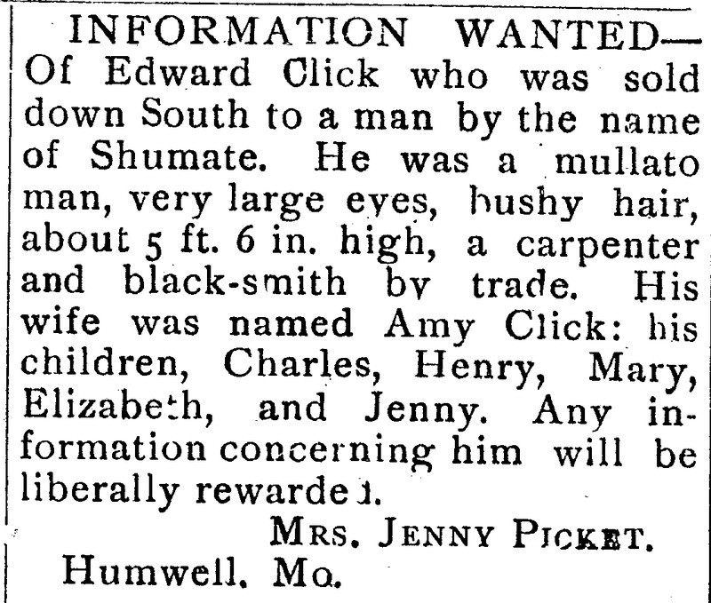 Mrs. Jennie Picket seeking information about Edward Click 