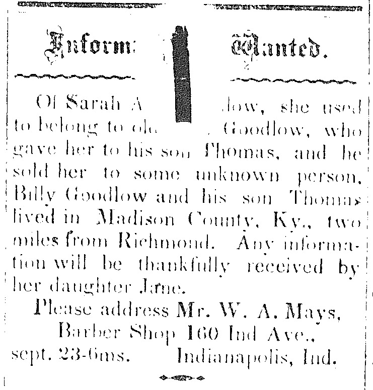 W. A. Mays searching for Sarah A. ---low (likely Goodlow) on behalf of her daughter Jane