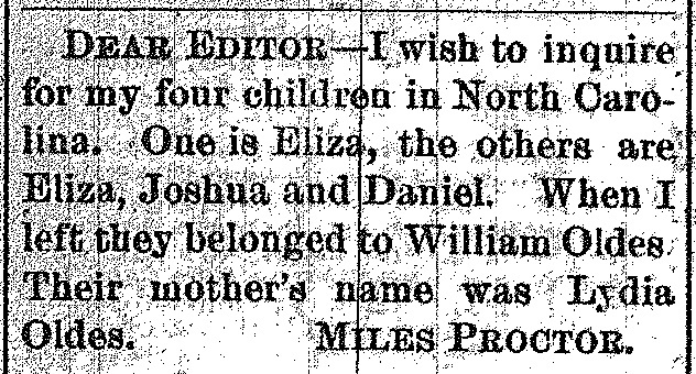 Miles Proctor seeking information about his four children Eliza, Eliza, Joshua, and Daniel