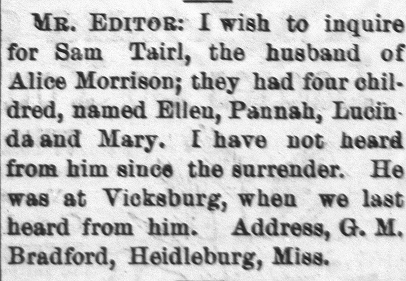 G. M. Bradford searching for Sam Tairl, the husband of Alice Morrison