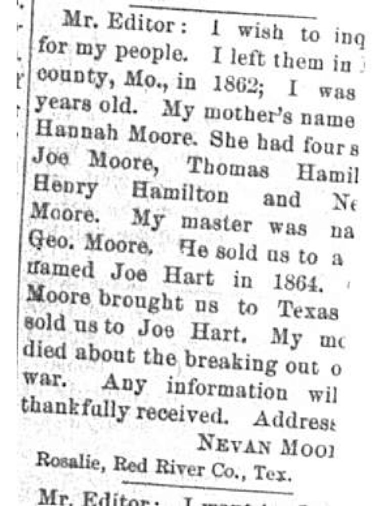 Nevan Moore searching for his brothers Joe Moore, Thomas Hamilton, and Henry Hamilton