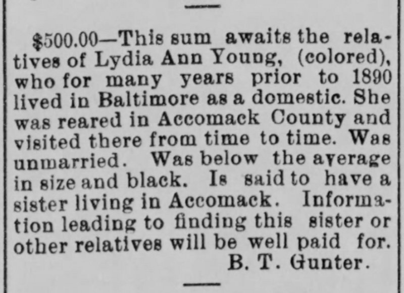 B. T. Gunter searching for heirs of Lydia Ann Young 