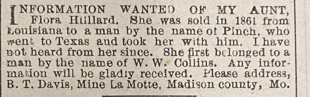 B. T. Davis searching for an aunt, Flora Hillard