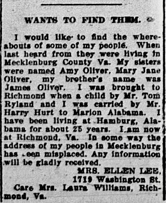 Mrs. Ellen Lee searching for relatives