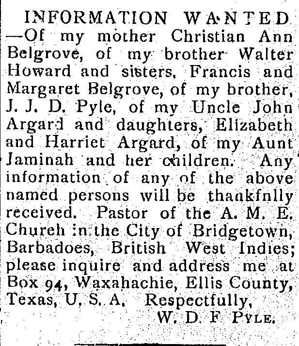 W. D. F. Pyle searching for his mother Christian Ann Belgrove and several siblings (1st of 2 ads)