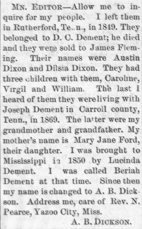 A. B. Dickson searching for his grandparents Austin and Dilsa Dixon and the three children they were traveling with, Caroline, Vigil, and William