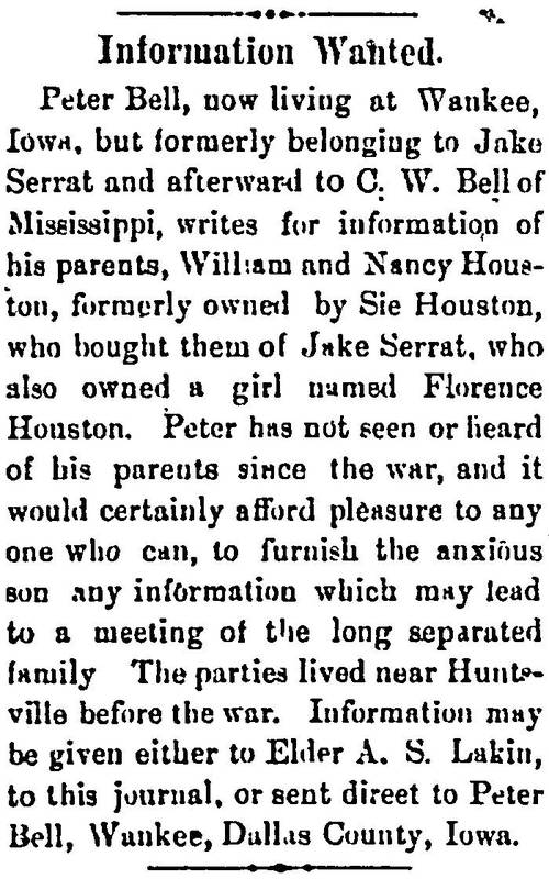 Peter Bell seeks parents William and Nancy Houston