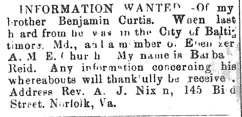 Barbara Reid seeking information about her brother Benjamin Curtis