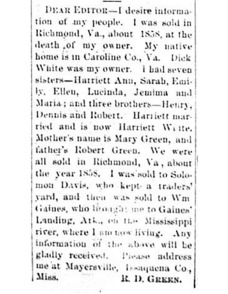 R. D. Green searching for their mother Mary Green, father Robert Green, and siblings