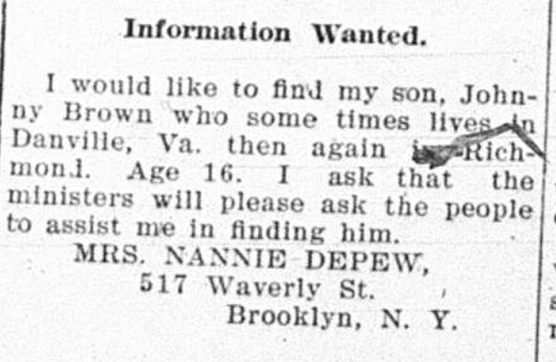 Nannie Depew is searching for her son Johnny Brown