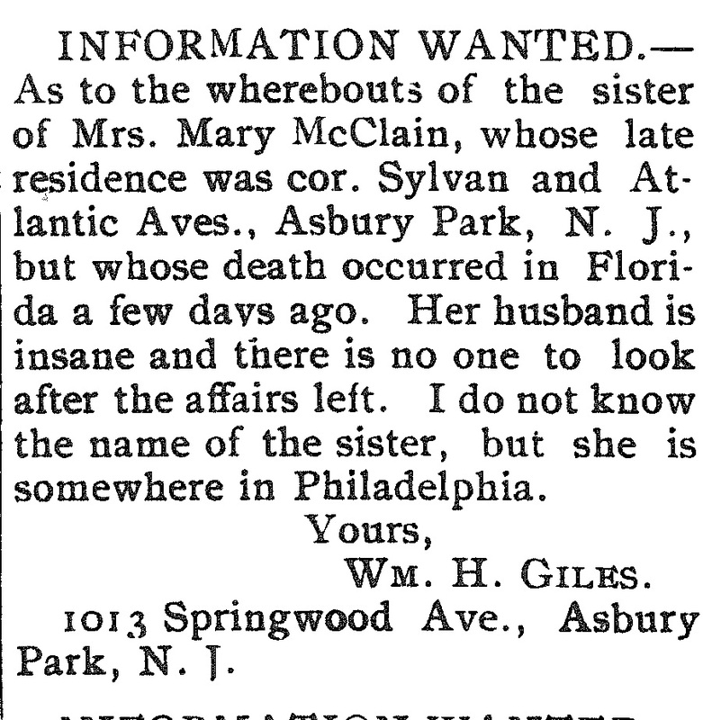 William H. Giles seeking Mrs. Mary McClain&#039;s sister