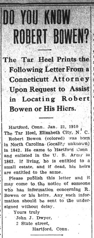 John J. Dwyer, an attorney, searching for Robert Bowen or his heirs 