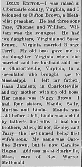 Caroline Hogan (formerly Caroline Brown) seeking her father Isaac Jamison, mother Peggy Brown, and siblings