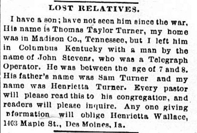 Henrietta Wallace (formerly Henrietta Turner) searching for her son Thomas Taylor Turner