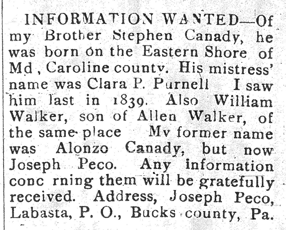 Joseph Peco (formerly Alonzo Canady) looking for his brother Stephen Canady and William Walker (1st of 2 ads)