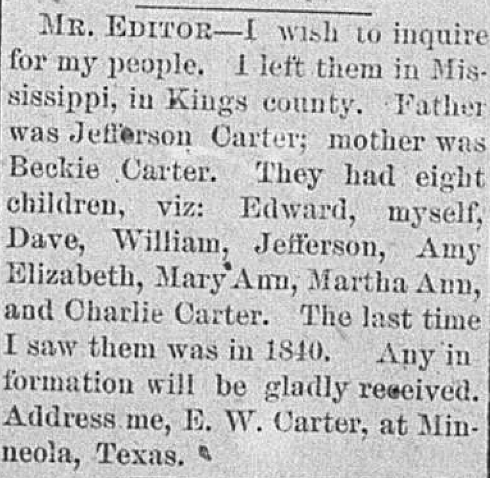 E. W. Carter seeking their mother Beckie Carter, father Jefferson Carter, and their siblings