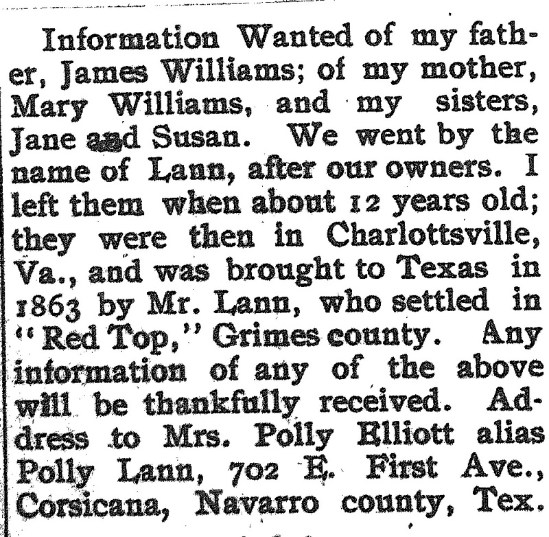 Mrs. Polly Elliott (also known as Polly Lann) seeking information about her father James Williams, mother Mary Williams, and sisters Jane and Susan 