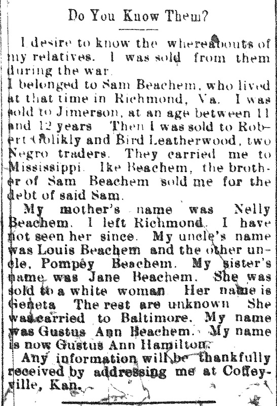 Gustus Ann Hamilton searching for her mother Nelly Beacheum, uncles Louis Beachem and Pompey Beachem, and sister Jane Beaches (2nd of 2 ads)