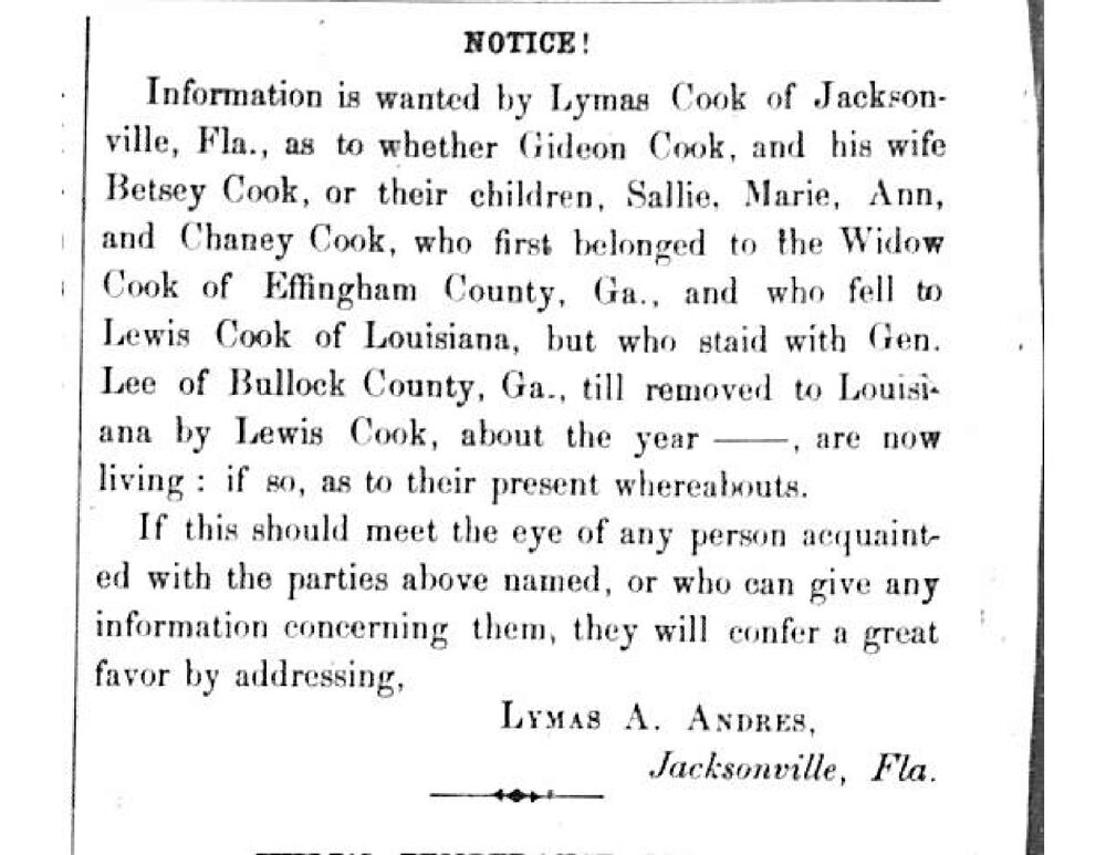 Lymas A. Andres (formerly Lymas Cook) searching for Gideon Cook, Betsey Cook, and their children