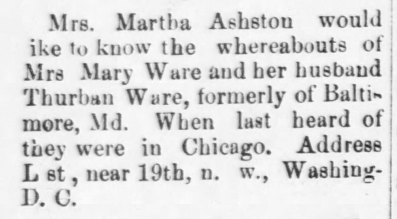 Mrs. Martha Ashston searching for Mrs. Mary Ware and her husband Thurban Ware