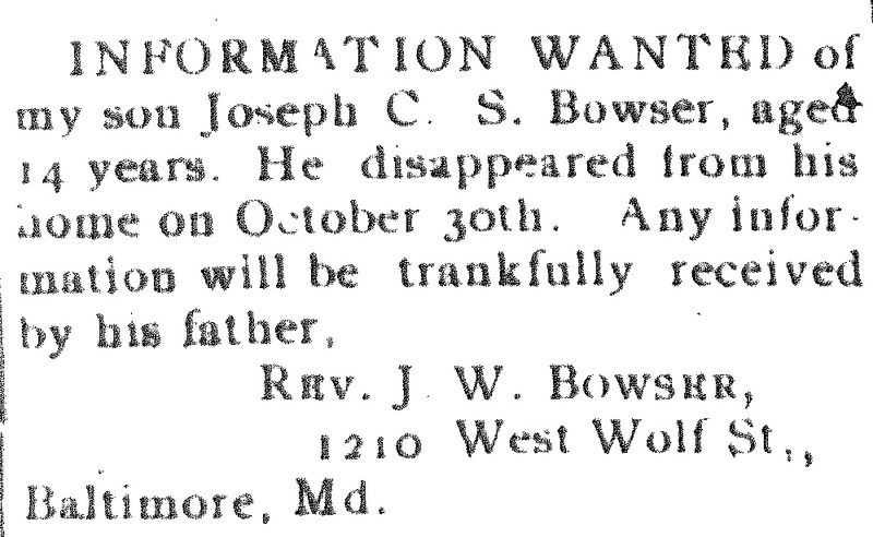 Rev. J. W. Bowser seeking information about his son Joseph C. S. Bowser