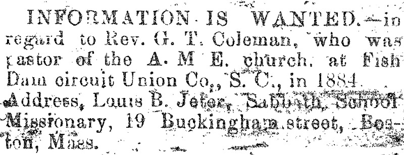 Louis B. Jeter seeking information of Rev. G. T. Coleman