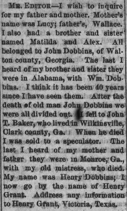 Henry Grant (formerly Henry Dobbins) searching for his mother Lucy, father Wallace, brother, and sister