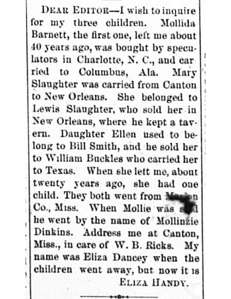 Eliza Handy (formerly Eliza Dancey) searching for her children Mollida Barnett, Mary Slaughter, and Ellen