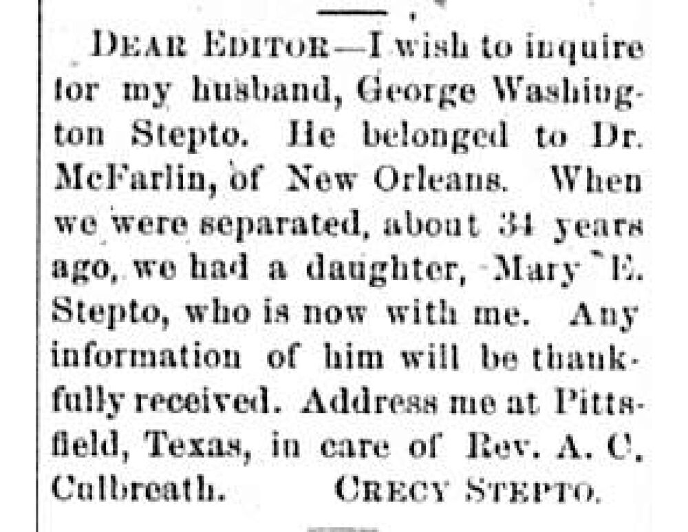 Crecy Stepto searching for her husband George Washington Stepto