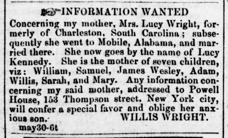 Willis Wright searching for his mother Mrs. Lucy Kennedy (formerly Lucy Wright)