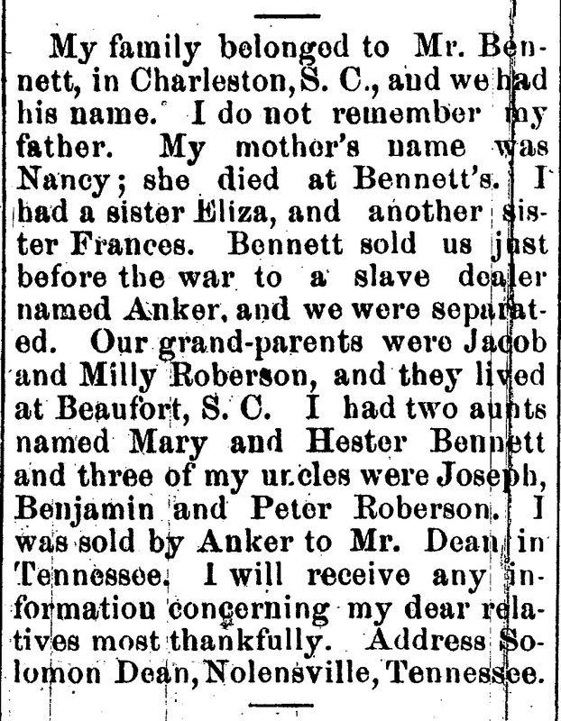 Solomon Dean searching for his sisters Eliza and Frances and several members of his extended family