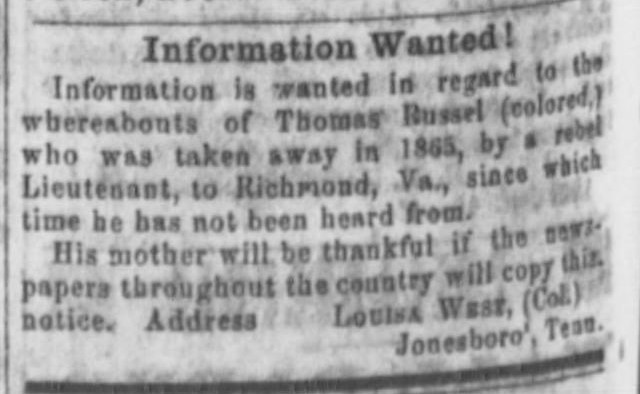 Louisa West seeking her son Thomas Russel (2nd of 2 ads placed)